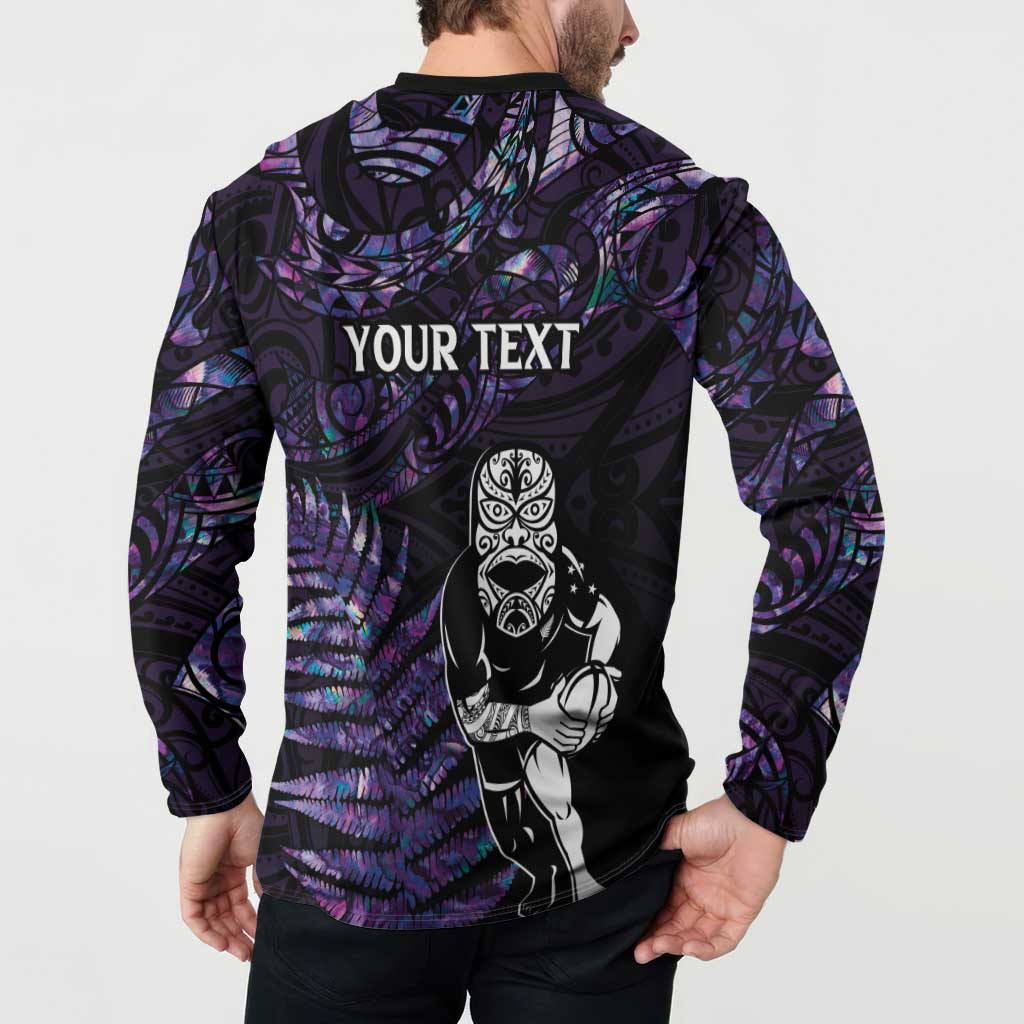 New Zealand Maori Rugby Personalised Button Sweatshirt Ta Moko Silver Fern - Paua Purple LT7 - Polynesian Pride