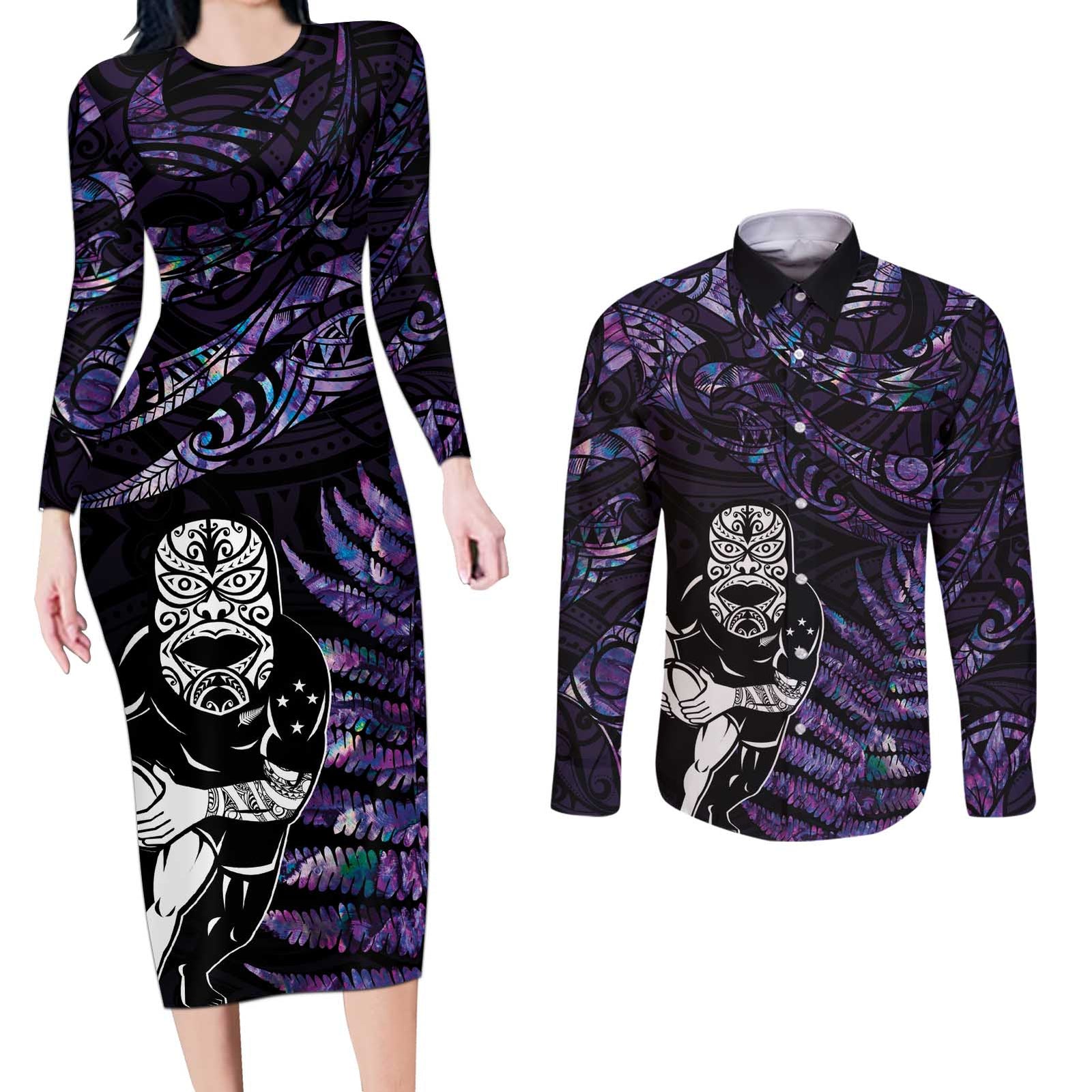 New Zealand Maori Rugby Personalised Couples Matching Long Sleeve Bodycon Dress and Long Sleeve Button Shirt Ta Moko Silver Fern - Paua Purple LT7 Purple - Polynesian Pride