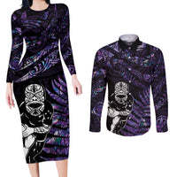New Zealand Maori Rugby Personalised Couples Matching Long Sleeve Bodycon Dress and Long Sleeve Button Shirt Ta Moko Silver Fern - Paua Purple LT7 Purple - Polynesian Pride