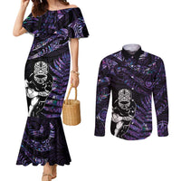 New Zealand Maori Rugby Personalised Couples Matching Mermaid Dress and Long Sleeve Button Shirt Ta Moko Silver Fern - Paua Purple LT7 Purple - Polynesian Pride