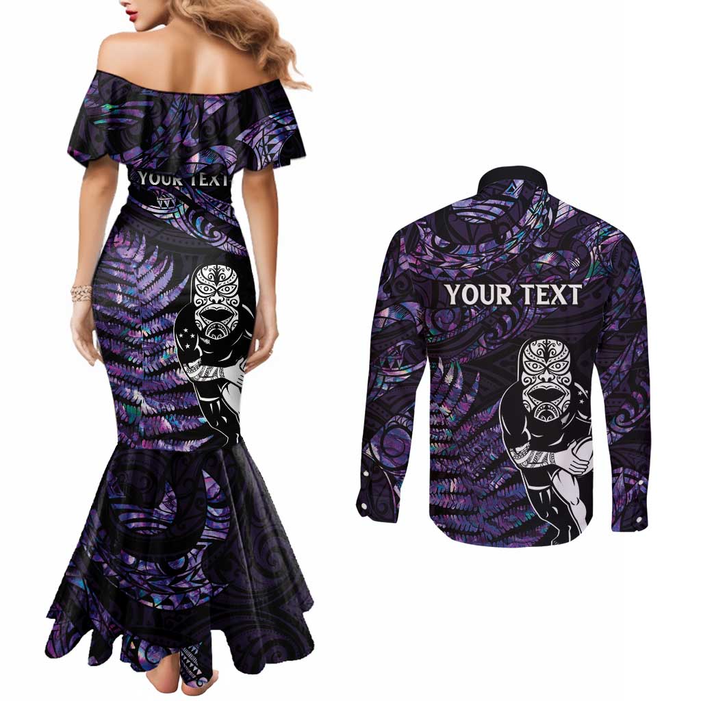 New Zealand Maori Rugby Personalised Couples Matching Mermaid Dress and Long Sleeve Button Shirt Ta Moko Silver Fern - Paua Purple LT7 - Polynesian Pride