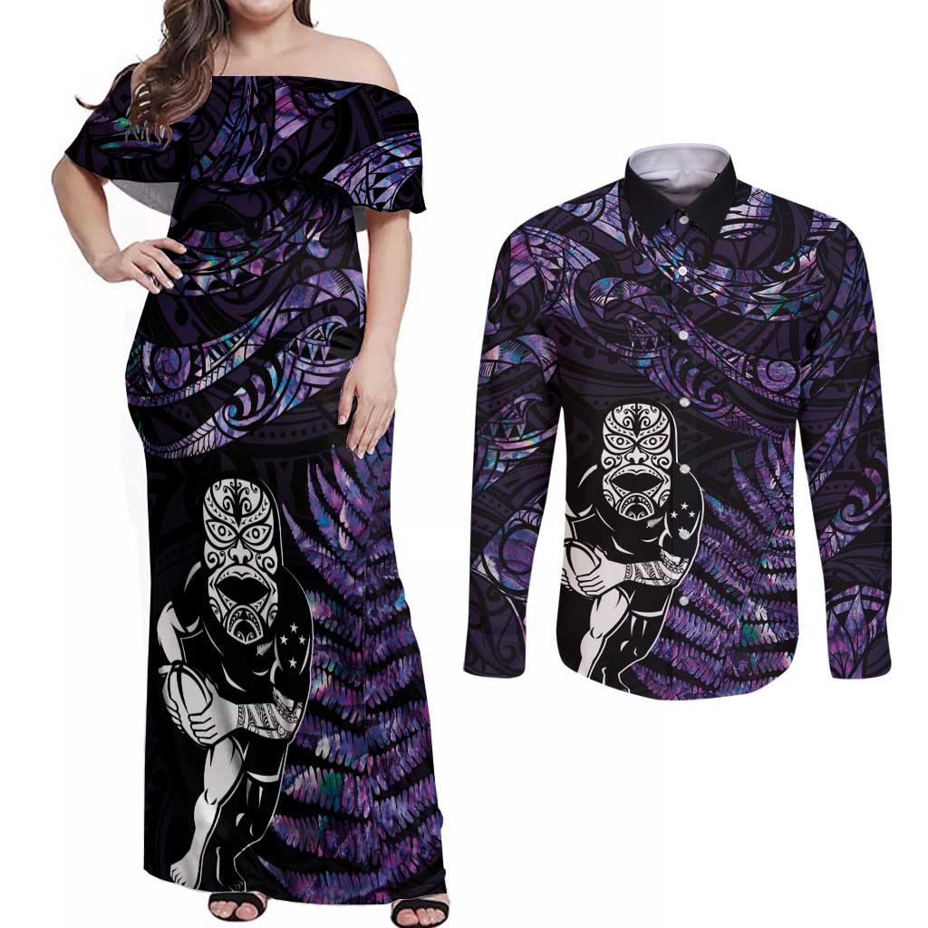New Zealand Maori Rugby Personalised Couples Matching Off Shoulder Maxi Dress and Long Sleeve Button Shirt Ta Moko Silver Fern - Paua Purple LT7 Purple - Polynesian Pride