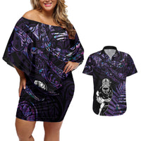 New Zealand Maori Rugby Personalised Couples Matching Off Shoulder Short Dress and Hawaiian Shirt Ta Moko Silver Fern - Paua Purple LT7 Purple - Polynesian Pride