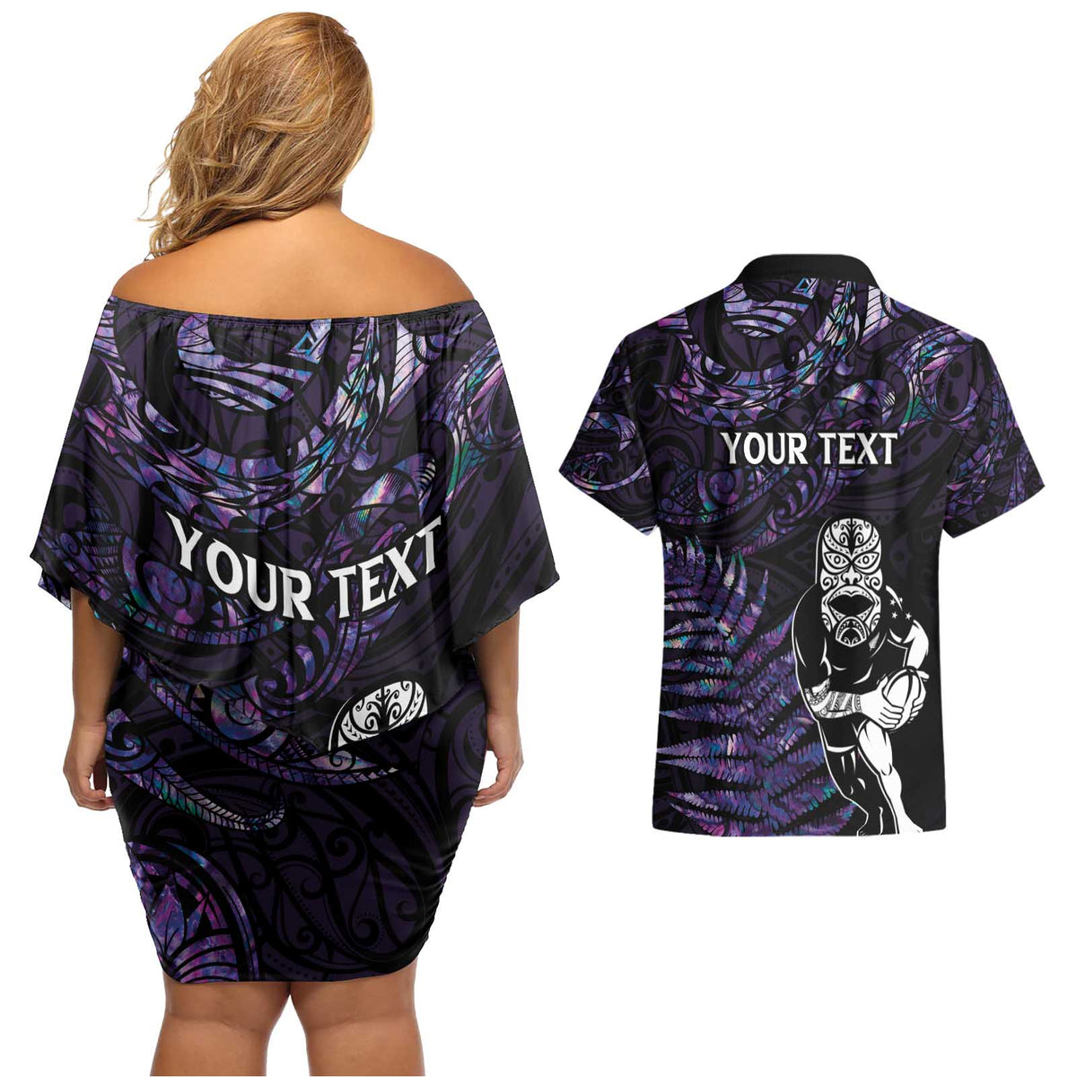 New Zealand Maori Rugby Personalised Couples Matching Off Shoulder Short Dress and Hawaiian Shirt Ta Moko Silver Fern - Paua Purple LT7 - Polynesian Pride