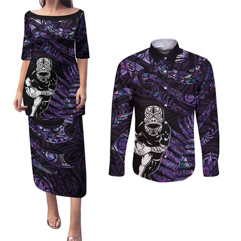New Zealand Maori Rugby Personalised Couples Matching Puletasi and Long Sleeve Button Shirt Ta Moko Silver Fern - Paua Purple LT7 Purple - Polynesian Pride