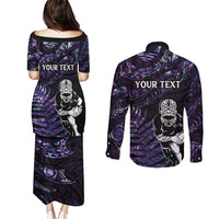New Zealand Maori Rugby Personalised Couples Matching Puletasi and Long Sleeve Button Shirt Ta Moko Silver Fern - Paua Purple LT7 - Polynesian Pride
