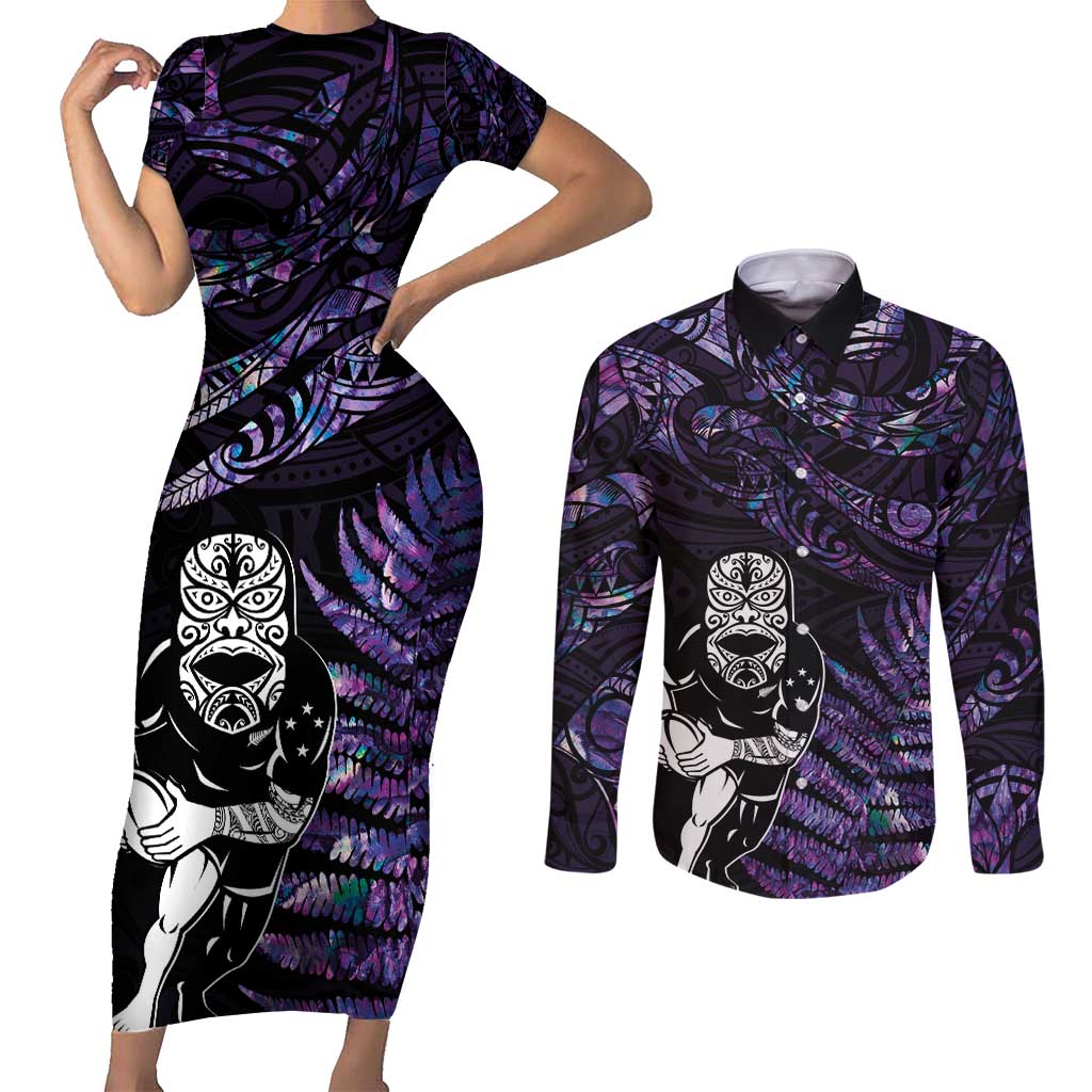 New Zealand Maori Rugby Personalised Couples Matching Short Sleeve Bodycon Dress and Long Sleeve Button Shirt Ta Moko Silver Fern - Paua Purple LT7 Purple - Polynesian Pride