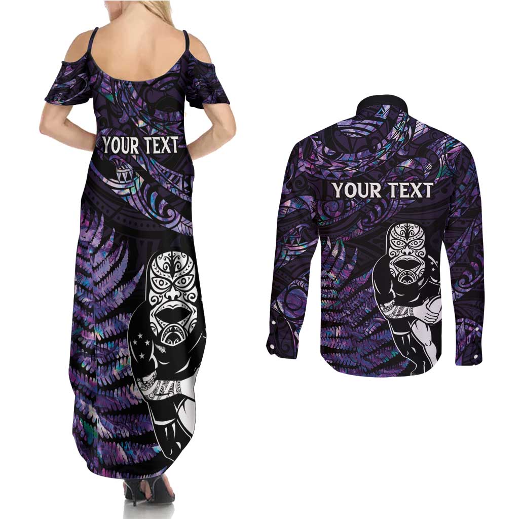 New Zealand Maori Rugby Personalised Couples Matching Summer Maxi Dress and Long Sleeve Button Shirt Ta Moko Silver Fern - Paua Purple LT7 - Polynesian Pride