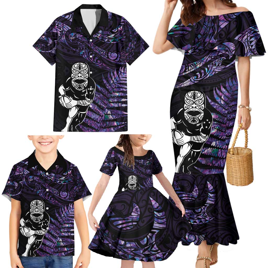New Zealand Maori Rugby Personalised Family Matching Mermaid Dress and Hawaiian Shirt Ta Moko Silver Fern - Paua Purple LT7 - Polynesian Pride