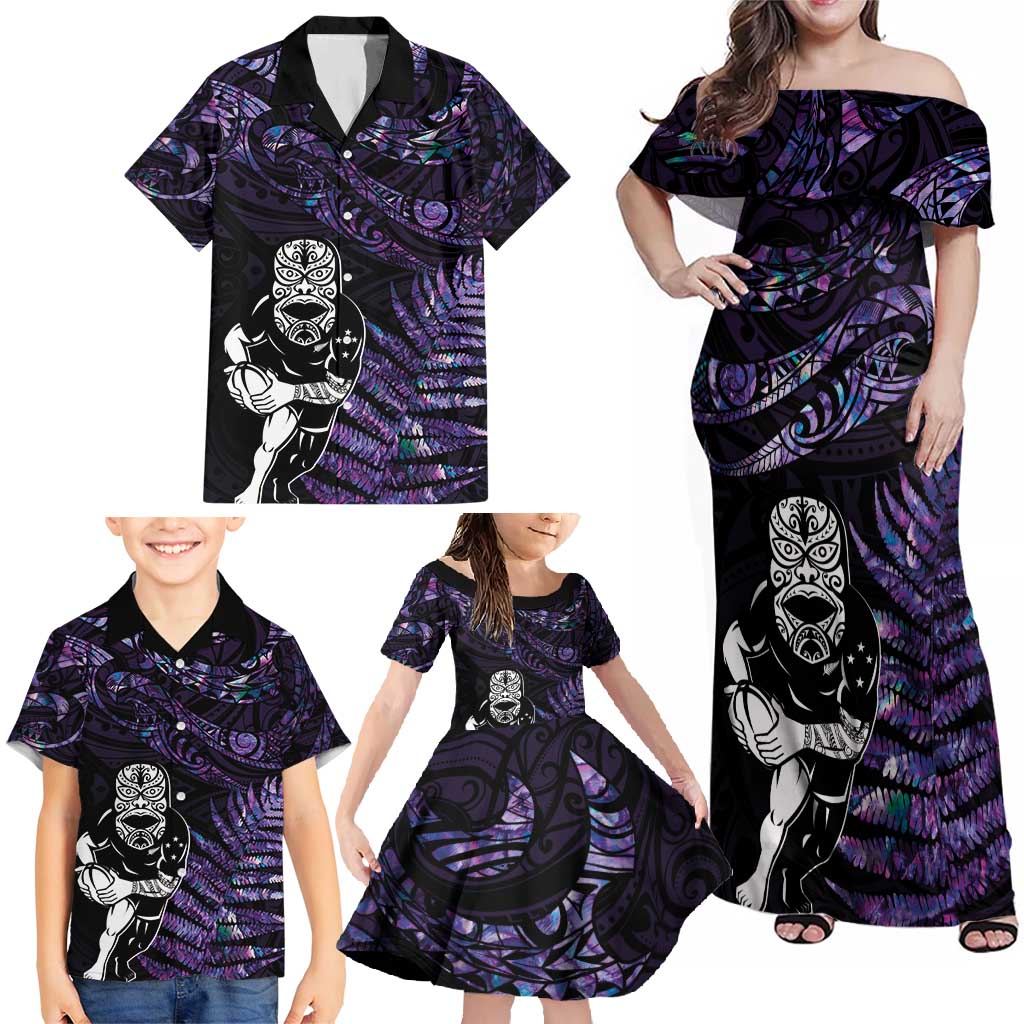 New Zealand Maori Rugby Personalised Family Matching Off Shoulder Maxi Dress and Hawaiian Shirt Ta Moko Silver Fern - Paua Purple LT7 - Polynesian Pride