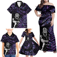 New Zealand Maori Rugby Personalised Family Matching Off Shoulder Maxi Dress and Hawaiian Shirt Ta Moko Silver Fern - Paua Purple LT7 - Polynesian Pride