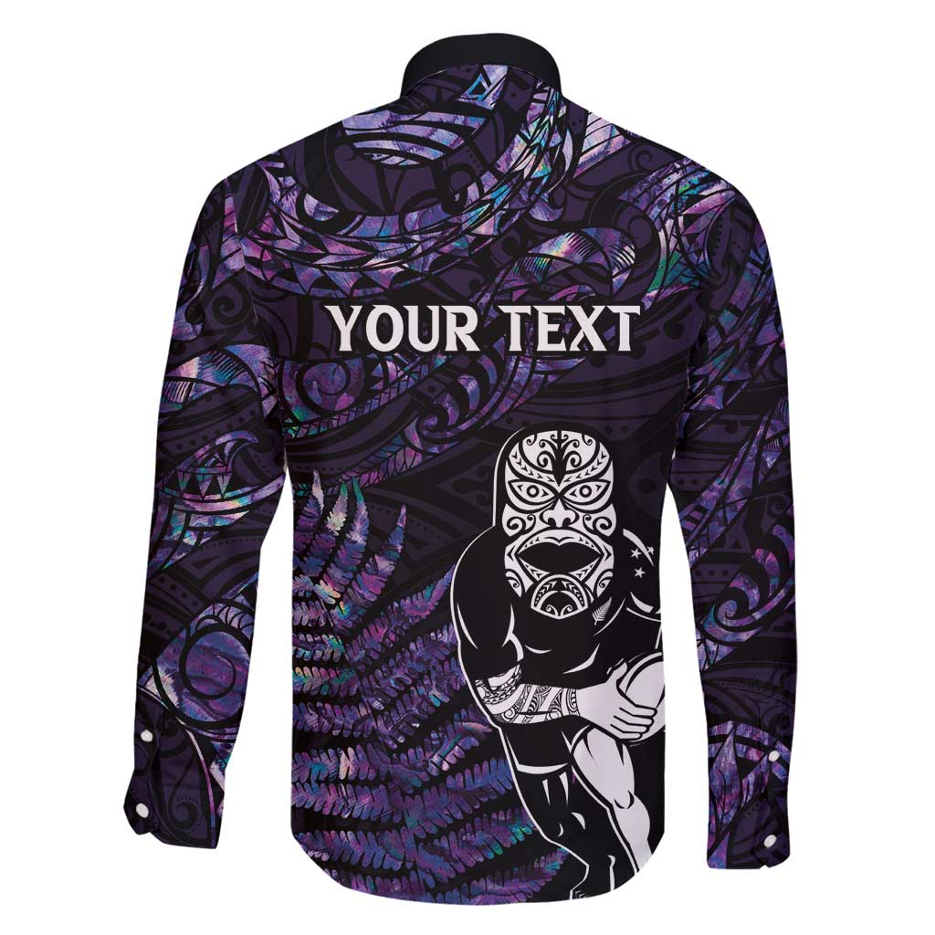 New Zealand Maori Rugby Personalised Family Matching Off Shoulder Maxi Dress and Hawaiian Shirt Ta Moko Silver Fern - Paua Purple LT7 - Polynesian Pride