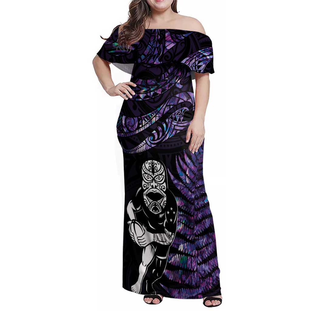 New Zealand Maori Rugby Personalised Family Matching Off Shoulder Maxi Dress and Hawaiian Shirt Ta Moko Silver Fern - Paua Purple LT7 Mom's Dress Purple - Polynesian Pride