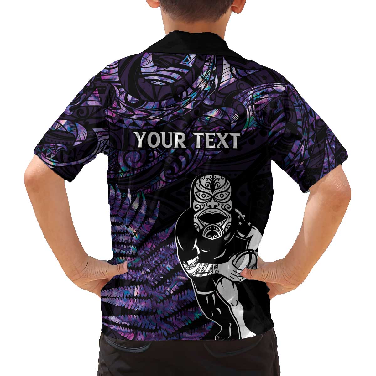New Zealand Maori Rugby Personalised Family Matching Off Shoulder Short Dress and Hawaiian Shirt Ta Moko Silver Fern - Paua Purple LT7 - Polynesian Pride