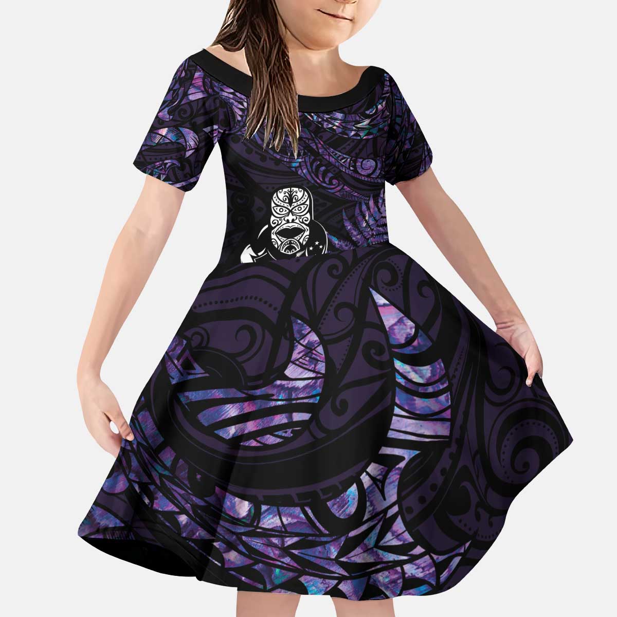 New Zealand Maori Rugby Personalised Family Matching Puletasi and Hawaiian Shirt Ta Moko Silver Fern - Paua Purple LT7 Daughter's Dress Purple - Polynesian Pride
