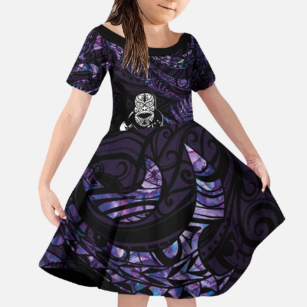 New Zealand Maori Rugby Personalised Family Matching Short Sleeve Bodycon Dress and Hawaiian Shirt Ta Moko Silver Fern - Paua Purple LT7 Daughter's Dress Purple - Polynesian Pride
