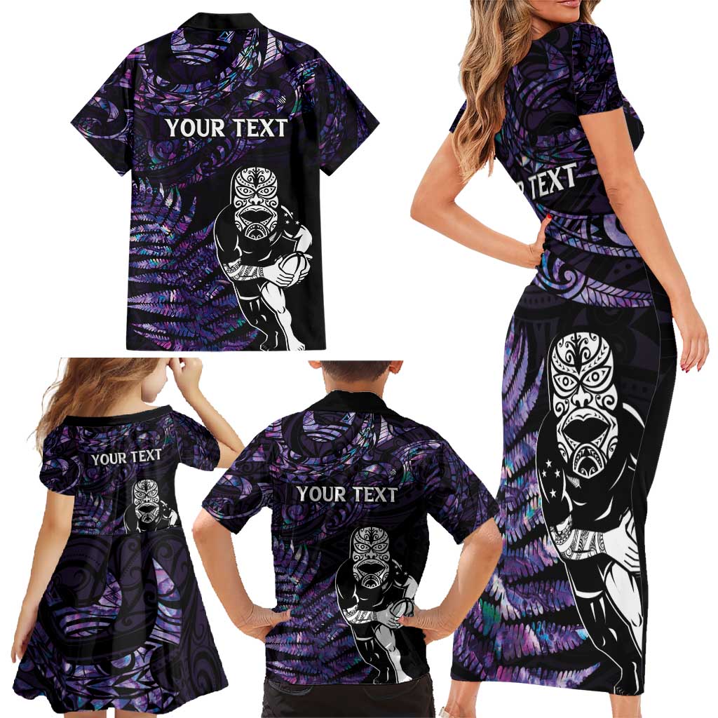 New Zealand Maori Rugby Personalised Family Matching Short Sleeve Bodycon Dress and Hawaiian Shirt Ta Moko Silver Fern - Paua Purple LT7 - Polynesian Pride