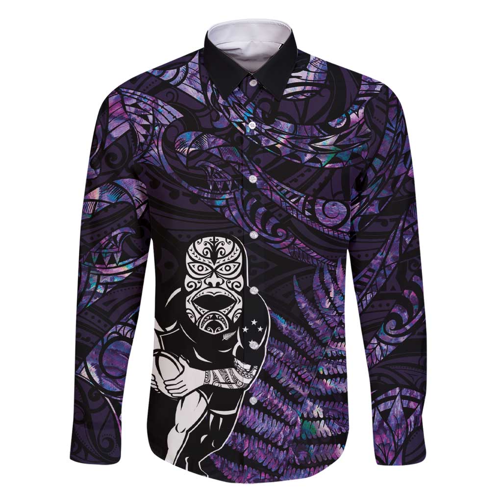 New Zealand Maori Rugby Personalised Family Matching Short Sleeve Bodycon Dress and Hawaiian Shirt Ta Moko Silver Fern - Paua Purple LT7 Dad's Shirt - Long Sleeve Purple - Polynesian Pride