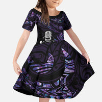 New Zealand Maori Rugby Personalised Family Matching Summer Maxi Dress and Hawaiian Shirt Ta Moko Silver Fern - Paua Purple LT7 Daughter's Dress Purple - Polynesian Pride