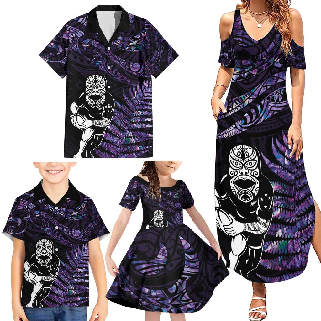 New Zealand Maori Rugby Personalised Family Matching Summer Maxi Dress and Hawaiian Shirt Ta Moko Silver Fern - Paua Purple LT7 - Polynesian Pride