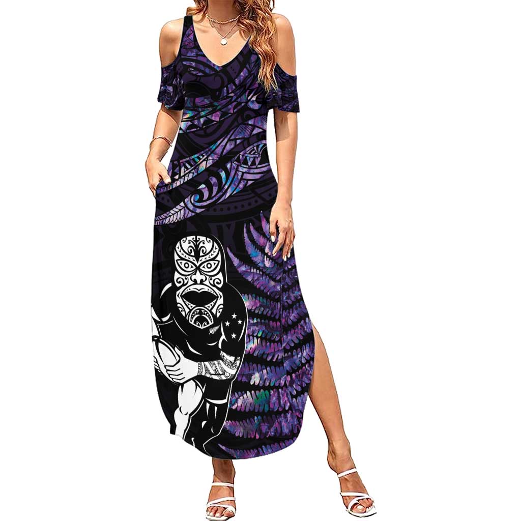 New Zealand Maori Rugby Personalised Family Matching Summer Maxi Dress and Hawaiian Shirt Ta Moko Silver Fern - Paua Purple LT7 Mom's Dress Purple - Polynesian Pride