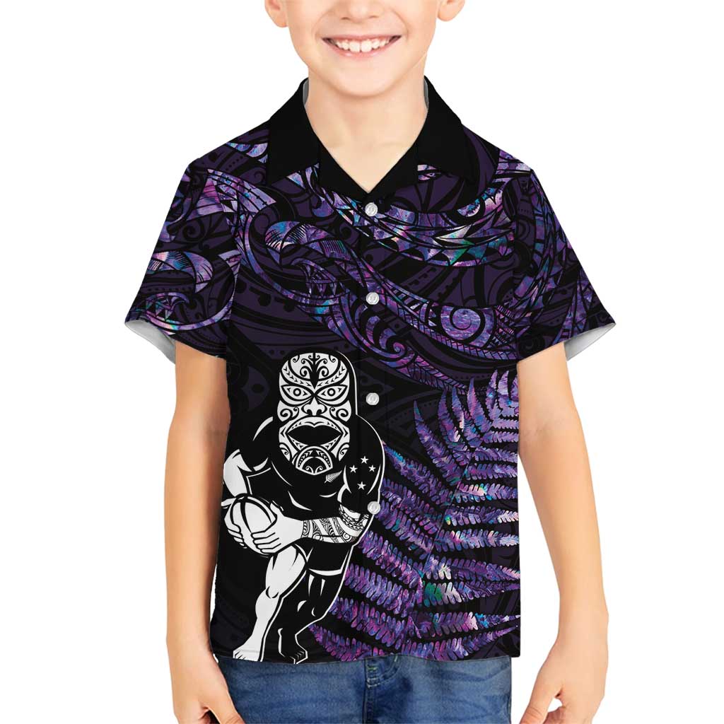 New Zealand Maori Rugby Personalised Family Matching Summer Maxi Dress and Hawaiian Shirt Ta Moko Silver Fern - Paua Purple LT7 Son's Shirt Purple - Polynesian Pride