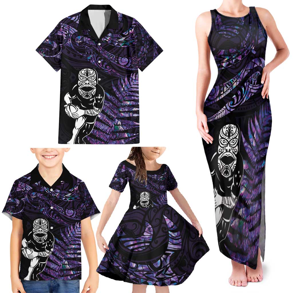New Zealand Maori Rugby Personalised Family Matching Tank Maxi Dress and Hawaiian Shirt Ta Moko Silver Fern - Paua Purple LT7 - Polynesian Pride
