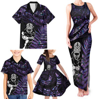 New Zealand Maori Rugby Personalised Family Matching Tank Maxi Dress and Hawaiian Shirt Ta Moko Silver Fern - Paua Purple LT7 - Polynesian Pride