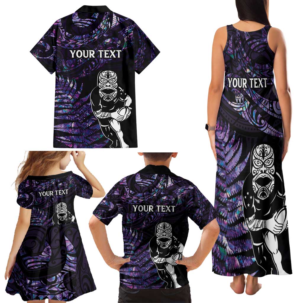 New Zealand Maori Rugby Personalised Family Matching Tank Maxi Dress and Hawaiian Shirt Ta Moko Silver Fern - Paua Purple LT7 - Polynesian Pride