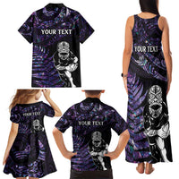 New Zealand Maori Rugby Personalised Family Matching Tank Maxi Dress and Hawaiian Shirt Ta Moko Silver Fern - Paua Purple LT7 - Polynesian Pride