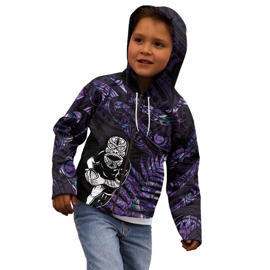 New Zealand Maori Rugby Personalised Kid Hoodie Ta Moko Silver Fern - Paua Purple