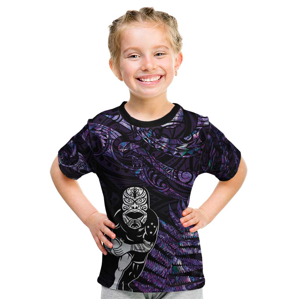 New Zealand Maori Rugby Personalised Kid T Shirt Ta Moko Silver Fern - Paua Purple LT7 Purple - Polynesian Pride