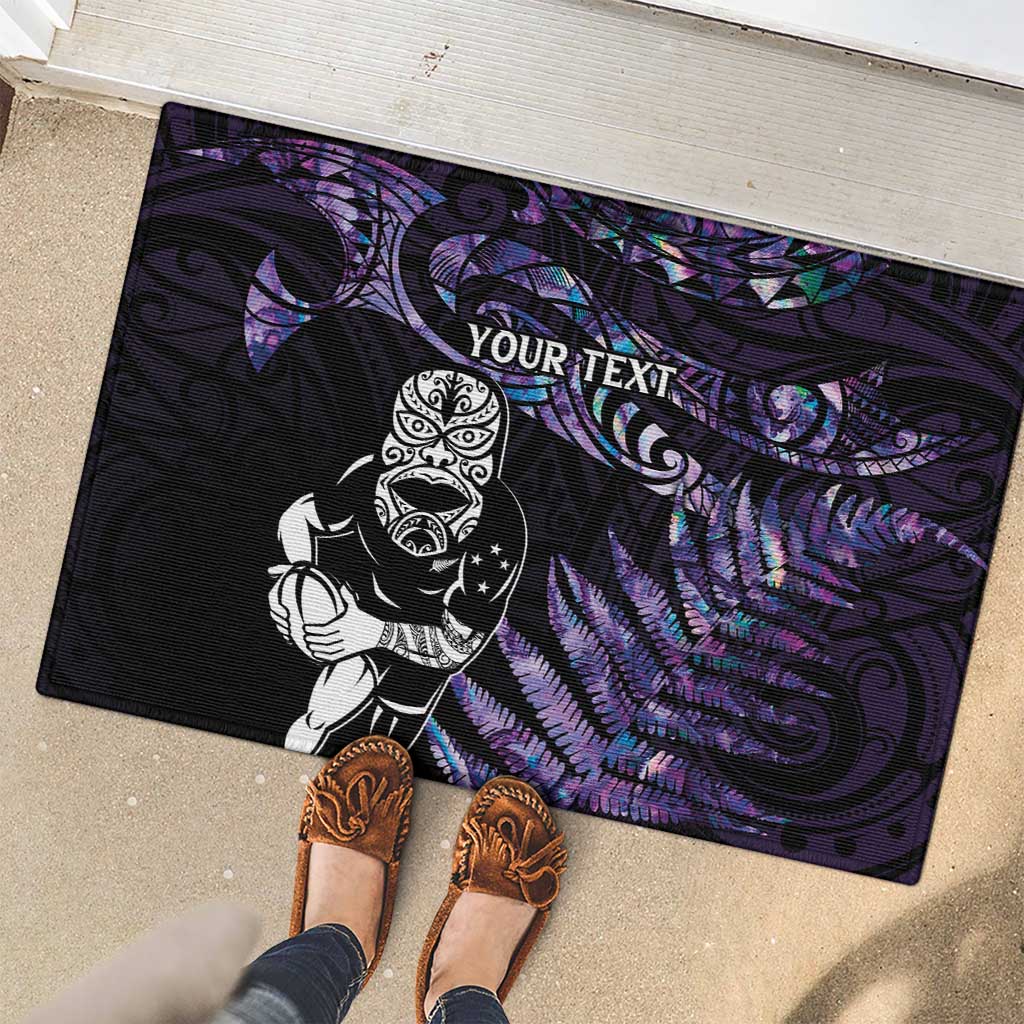 New Zealand Maori Rugby Personalised Rubber Doormat Ta Moko Silver Fern - Paua Purple LT7 - Polynesian Pride