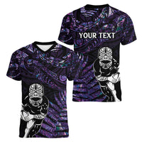 New Zealand Maori Rugby Personalised Women V-Neck T-Shirt Ta Moko Silver Fern - Paua Purple LT7 - Polynesian Pride