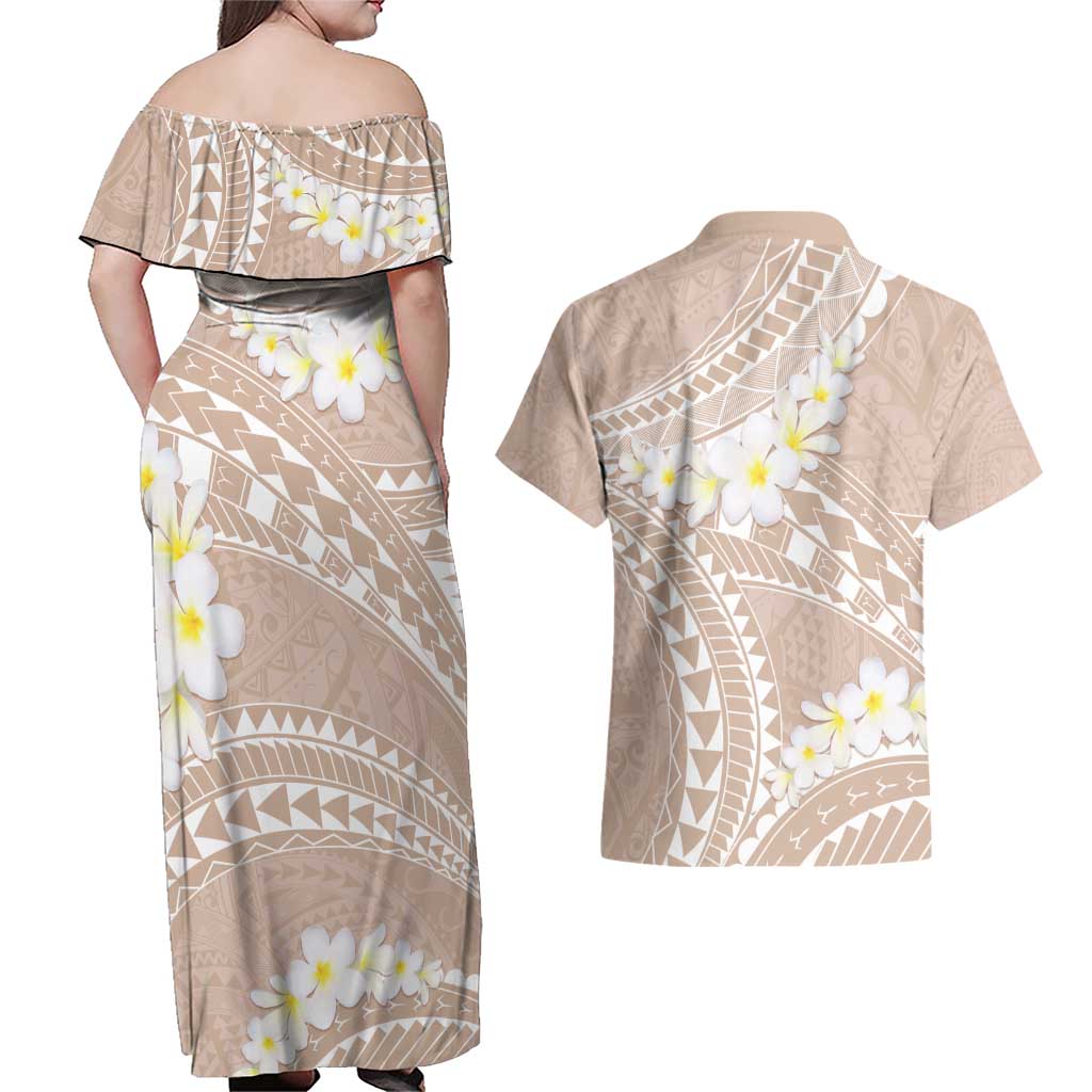 Polynesian Vintage Floral Couples Matching Off Shoulder Maxi Dress and Hawaiian Shirt Beige Motifs LT7 - Polynesian Pride
