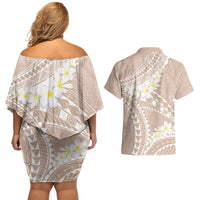 Polynesian Vintage Floral Couples Matching Off Shoulder Short Dress and Hawaiian Shirt Beige Motifs LT7 - Polynesian Pride