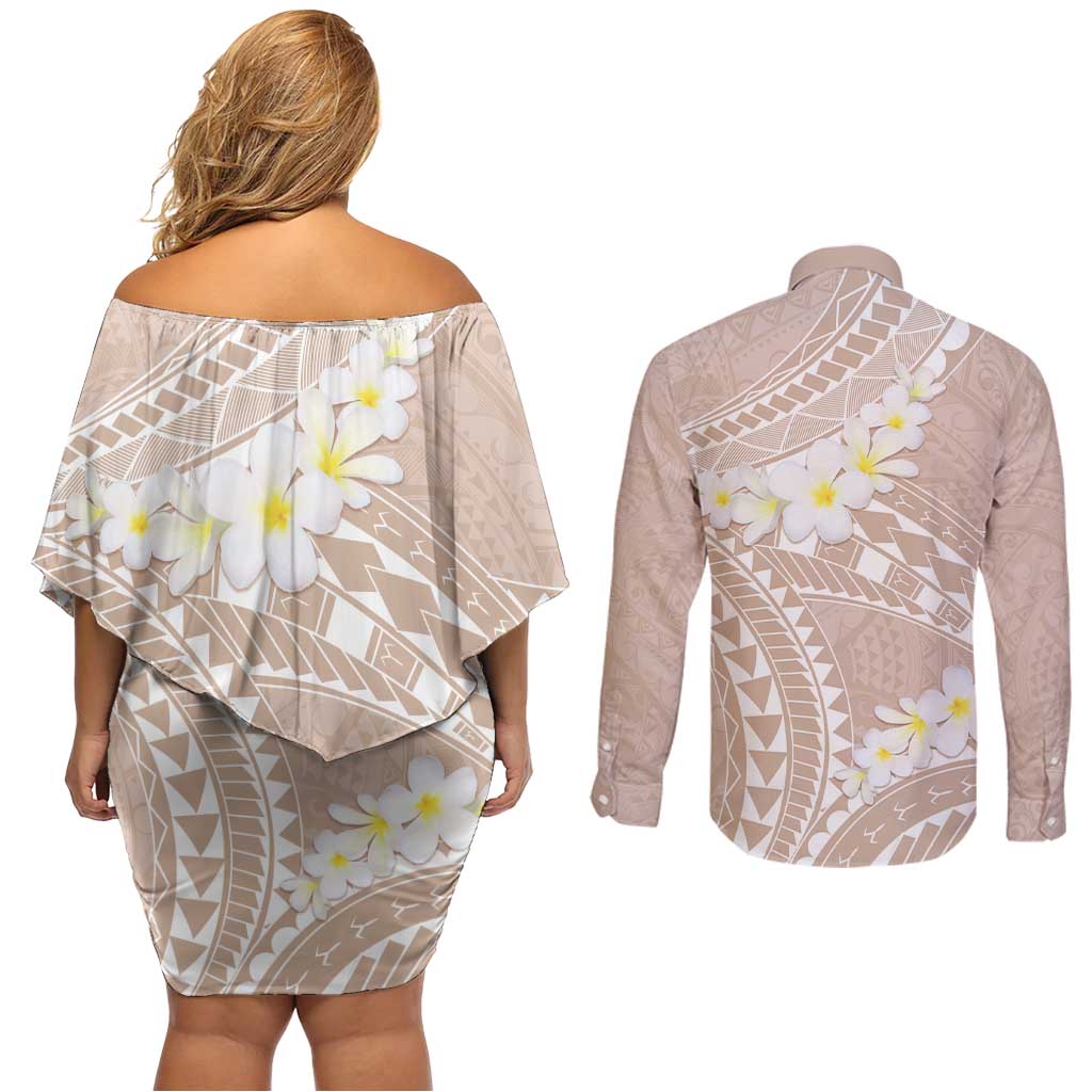 Polynesian Vintage Floral Couples Matching Off Shoulder Short Dress and Long Sleeve Button Shirt Beige Motifs LT7 - Polynesian Pride