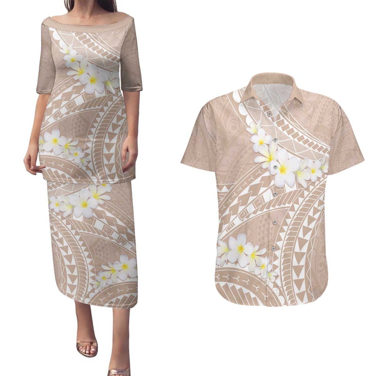 Polynesian Vintage Floral Couples Matching Puletasi and Hawaiian Shirt Beige Motifs LT7 Beige - Polynesian Pride