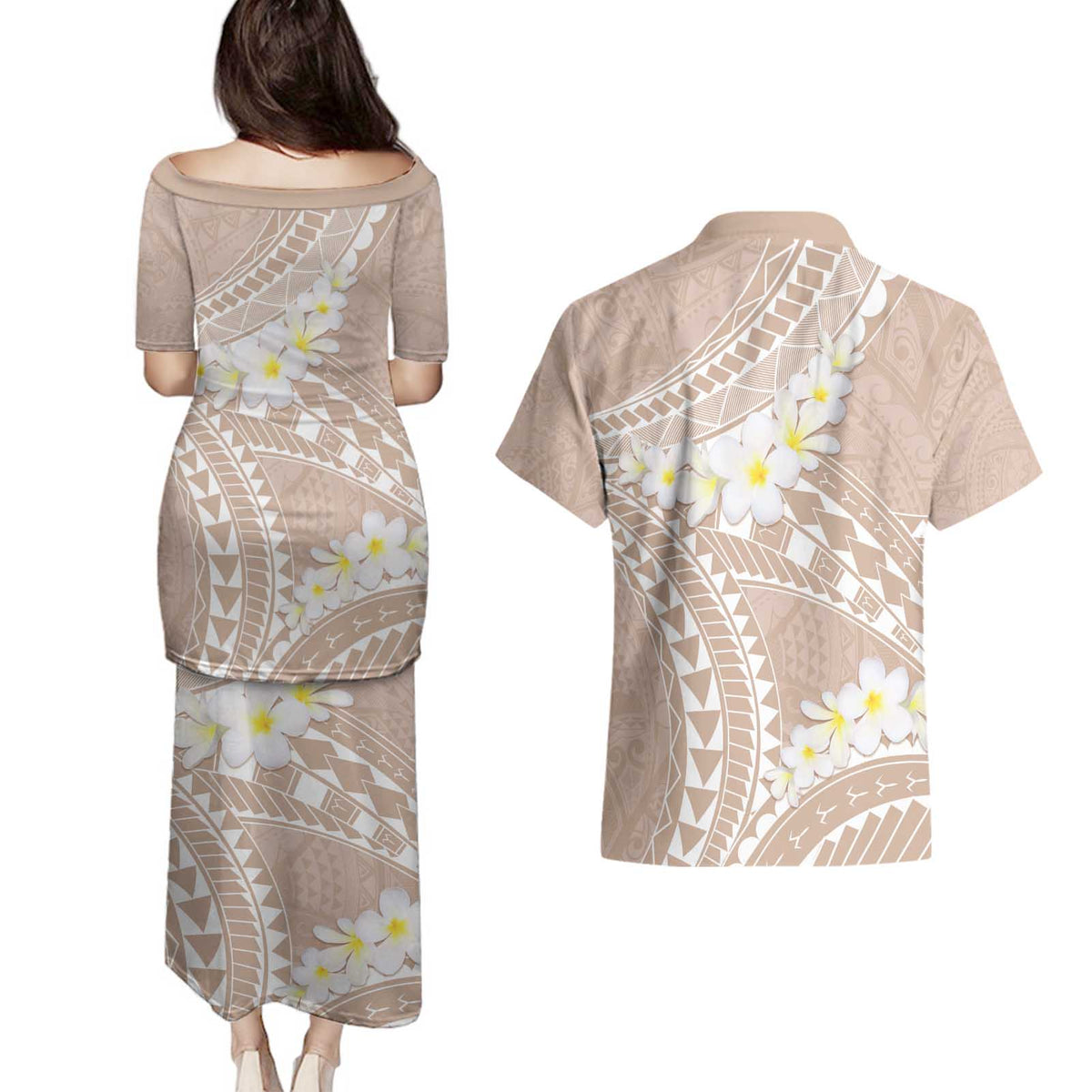 Polynesian Vintage Floral Couples Matching Puletasi and Hawaiian Shirt Beige Motifs LT7 - Polynesian Pride