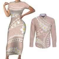 Polynesian Vintage Floral Couples Matching Short Sleeve Bodycon Dress and Long Sleeve Button Shirt Beige Motifs LT7 Beige - Polynesian Pride