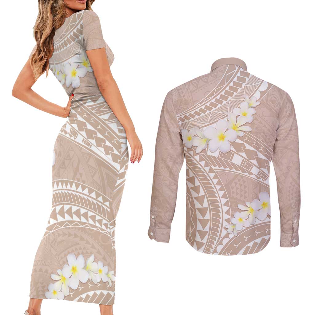 Polynesian Vintage Floral Couples Matching Short Sleeve Bodycon Dress and Long Sleeve Button Shirt Beige Motifs LT7 - Polynesian Pride