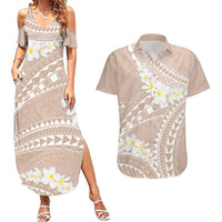 Polynesian Vintage Floral Couples Matching Summer Maxi Dress and Hawaiian Shirt Beige Motifs LT7 Beige - Polynesian Pride
