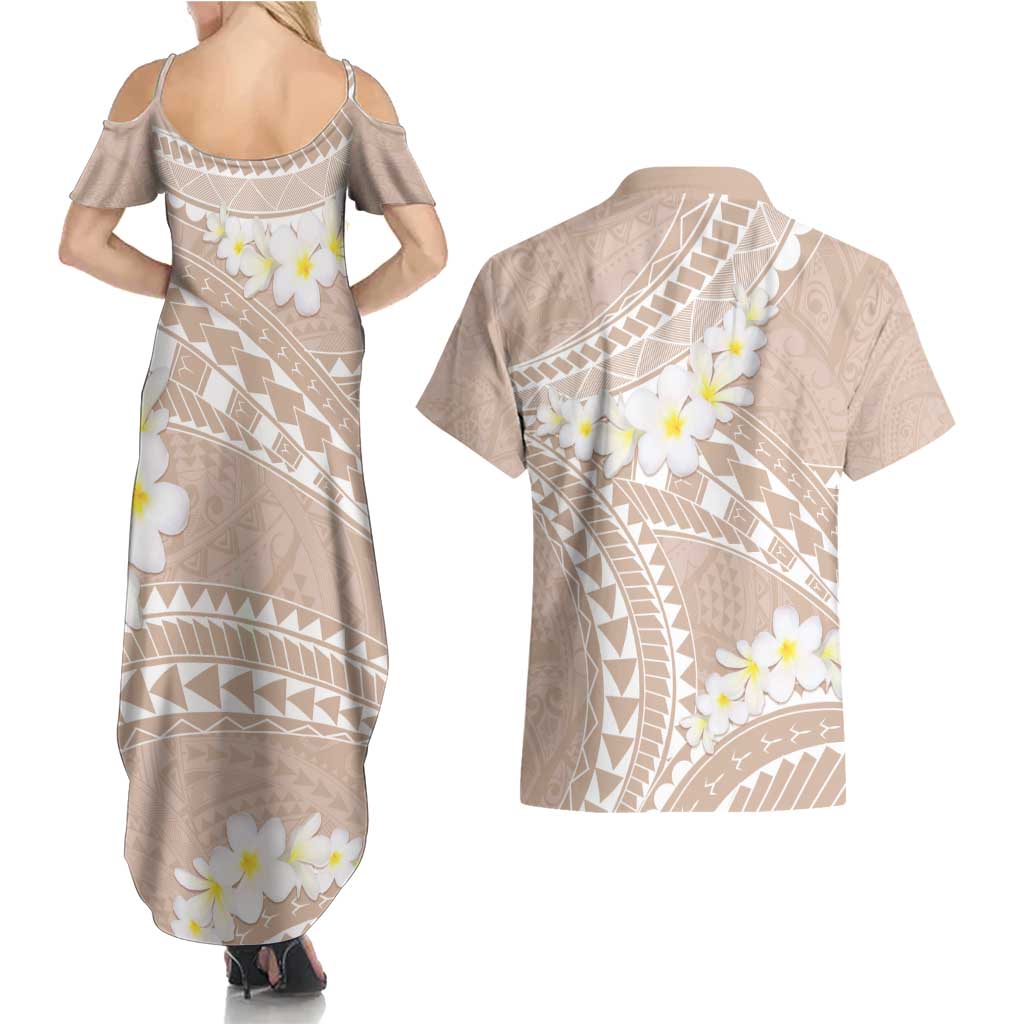 Polynesian Vintage Floral Couples Matching Summer Maxi Dress and Hawaiian Shirt Beige Motifs LT7 - Polynesian Pride