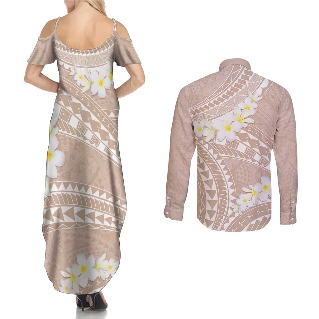 Polynesian Vintage Floral Couples Matching Summer Maxi Dress and Long Sleeve Button Shirt Beige Motifs LT7 - Polynesian Pride