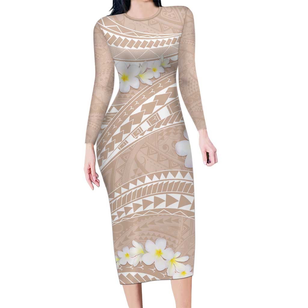 Polynesian Vintage Floral Family Matching Long Sleeve Bodycon Dress and Hawaiian Shirt Beige Motifs LT7 Mom's Dress Beige - Polynesian Pride