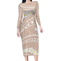 Polynesian Vintage Floral Family Matching Long Sleeve Bodycon Dress and Hawaiian Shirt Beige Motifs LT7 Mom's Dress Beige - Polynesian Pride