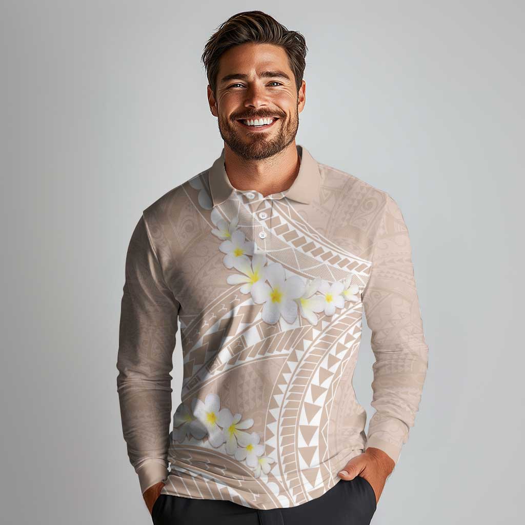 Polynesian Vintage Floral Long Sleeve Polo Shirt Beige Motifs LT7 - Polynesian Pride