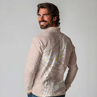 Polynesian Vintage Floral Long Sleeve Polo Shirt Beige Motifs LT7 - Polynesian Pride