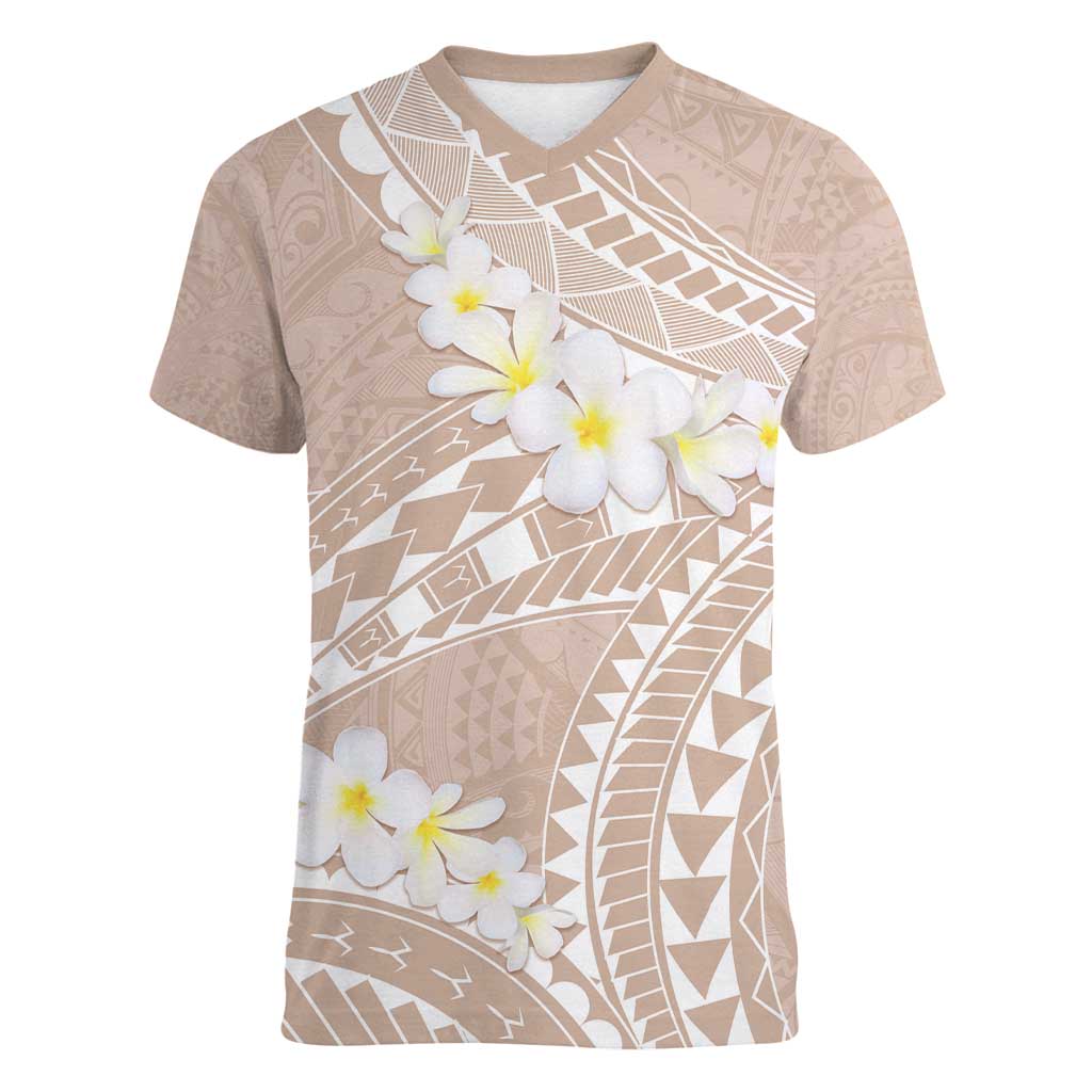 Polynesian Vintage Floral Women V-Neck T-Shirt Beige Motifs LT7 Female Beige - Polynesian Pride