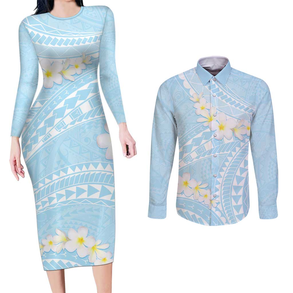 Polynesian Vintage Floral Couples Matching Long Sleeve Bodycon Dress and Long Sleeve Button Shirt Azure Motifs LT7 Azure - Polynesian Pride